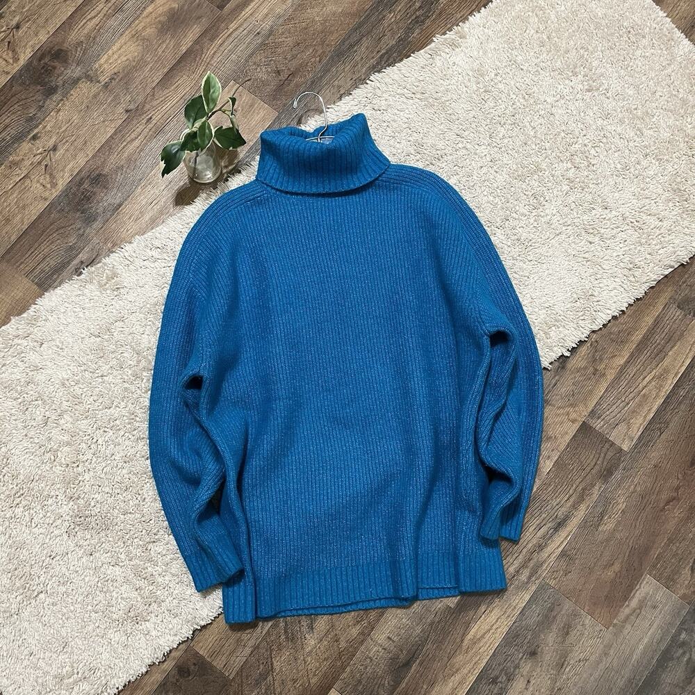 ZARA Size Medium Oversized Blue Turtleneck Wool Blend Pullover Sweater